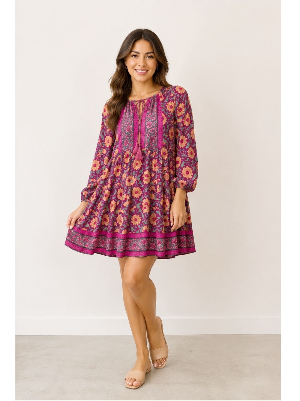 Easel Woman Floral Tie Tassel V-Neck Relax Babydoll Dress SMALL Boho Folk Summer